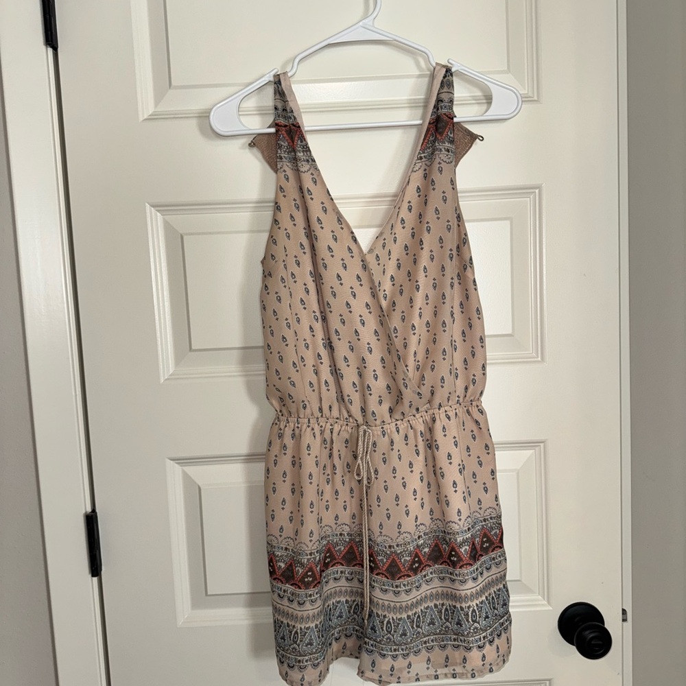 Beige Patterned Sleeveless Romper